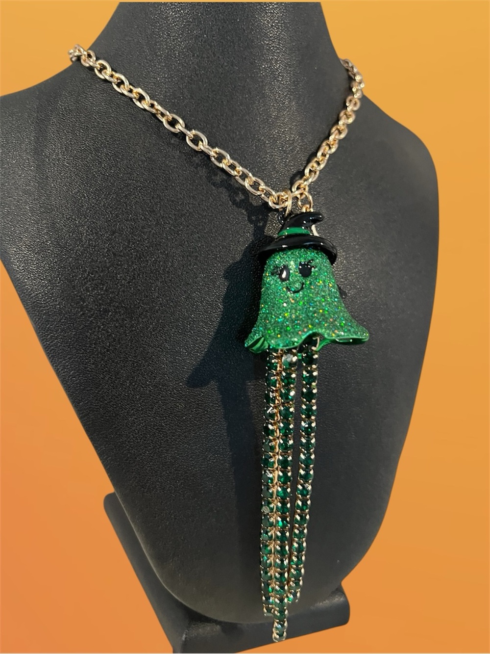 Betsey Johnson Necklace Halloween Green Witchy Ghost Crystal Necklace NWT